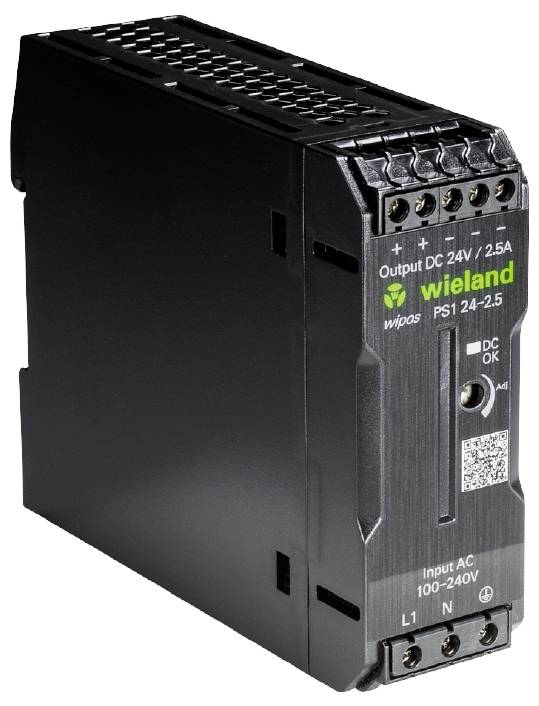 Fekete tápegység modul 'Wieland' felirattal, 'Kimenet DC 24V / 2,5A' jelöléssel. QR-kód és csatlakozó kapcsok láthatók.