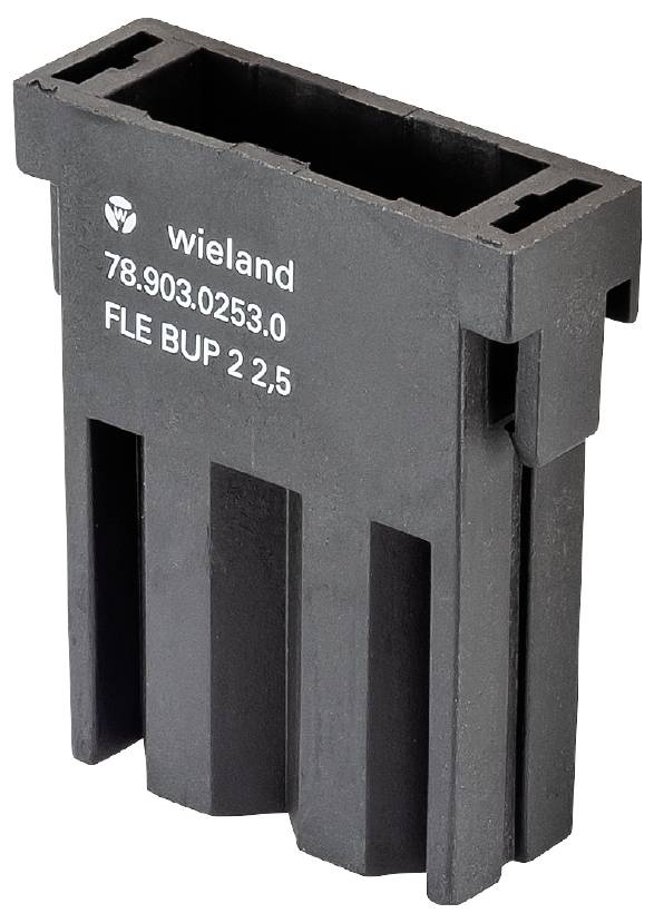 Egy téglalap alakú fekete műanyag adapter, amelyen a 'wieland 78.903.0253.0 FLE BUP 2 2,5' felirat szerepel, valószínűleg egy elektromos alkatrész.