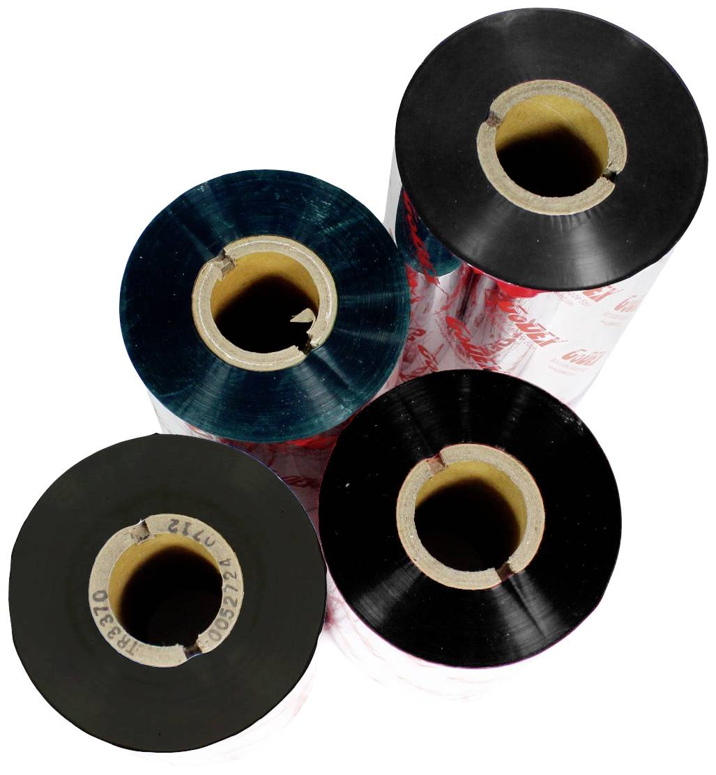 Négy henger különböző színekben (kék, fekete) áll egymás közelében. Papírtekercsekre vannak feltekercselve, és úgy tűnik, fóliák lehetnek.