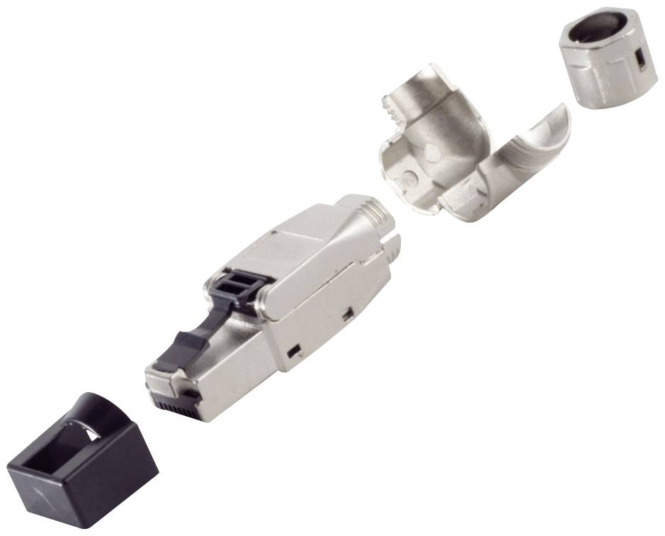 RJ45-csatlakozó fém házban szétszerelt állapotban, amely házból, kábelsaruból és műanyag fedőből áll. Hálózati kábelekhez alkalmas.