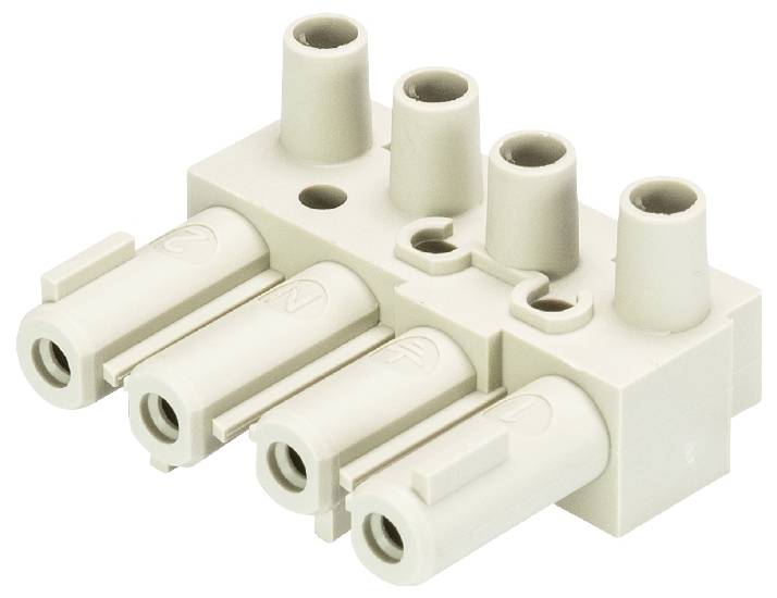 Fehér műanyag csatlakozóblokk öt kerek, függőleges nyílással csatlakozók számára, elektromos bekötésekhez alkalmas.