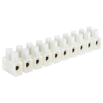 Egy fehér sorkapocs több csatlakozóval egy sorban. Biztonságos elektromos vezetékek összekötésére szolgál.