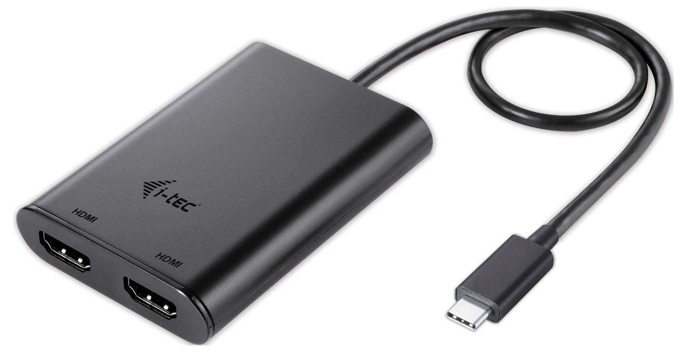 Fekete USB-C-adapter kábellel és két HDMI-csatlakozóval, alkalmas két HDMI-eszköz számítógéphez történő csatlakoztatásához.
