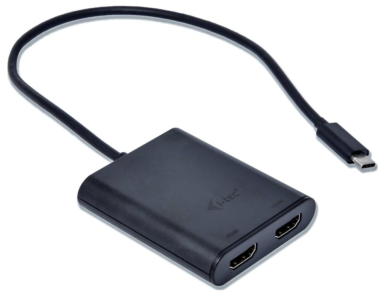 Egy fekete adapter, amely egy kábellel rendelkezik, két HDMI-csatlakozóval és egy USB-C dugvillal. Ideális digitális eszközök csatlakoztatásához.