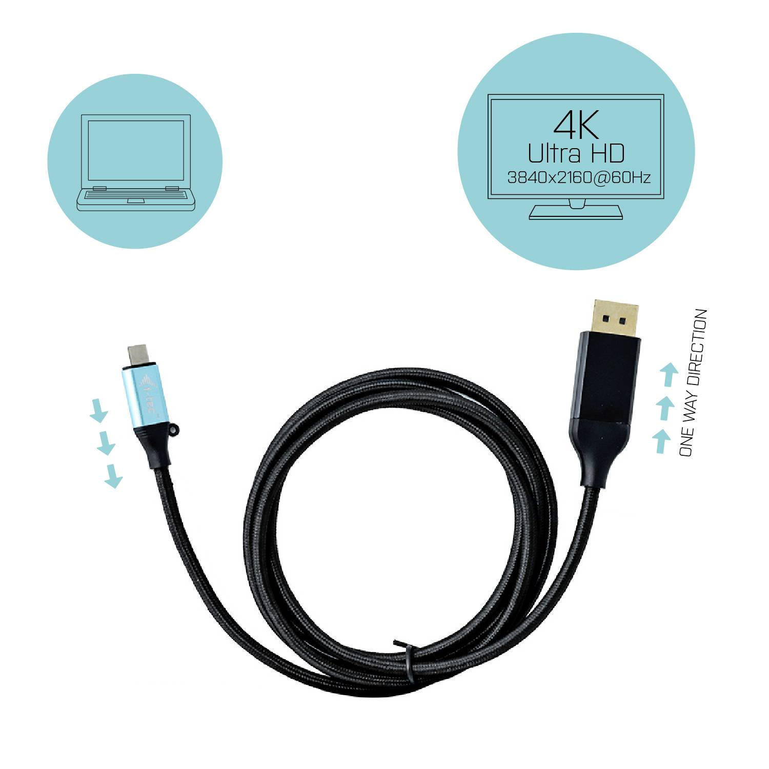 Egy USB-C-ről HDMI-re átalakító kábel, amely egy laptopot csatlakoztat egy képernyőhöz. Támogatja az egy irányban történő 4K Ultra HD (3840x2160@60Hz) átvitelt.