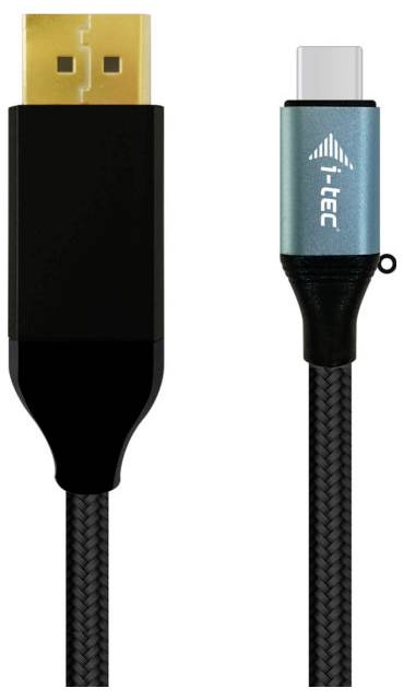 USB - DisplayPort kábel. Bal csatlakozó: fekete USB; jobb csatlakozó: kék DisplayPort 'i-tec' logóval.