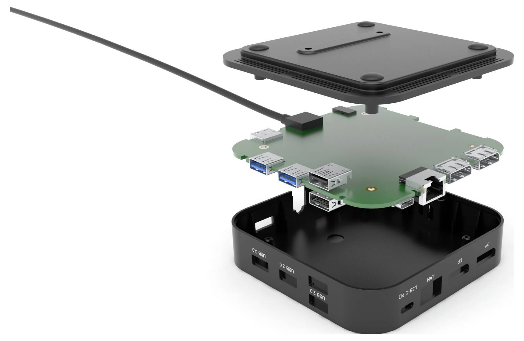 Egy kompakt számítógépház robbantott ábrázolása különböző csatlakozókkal: USB, HDMI, Ethernet és egy kábellel.