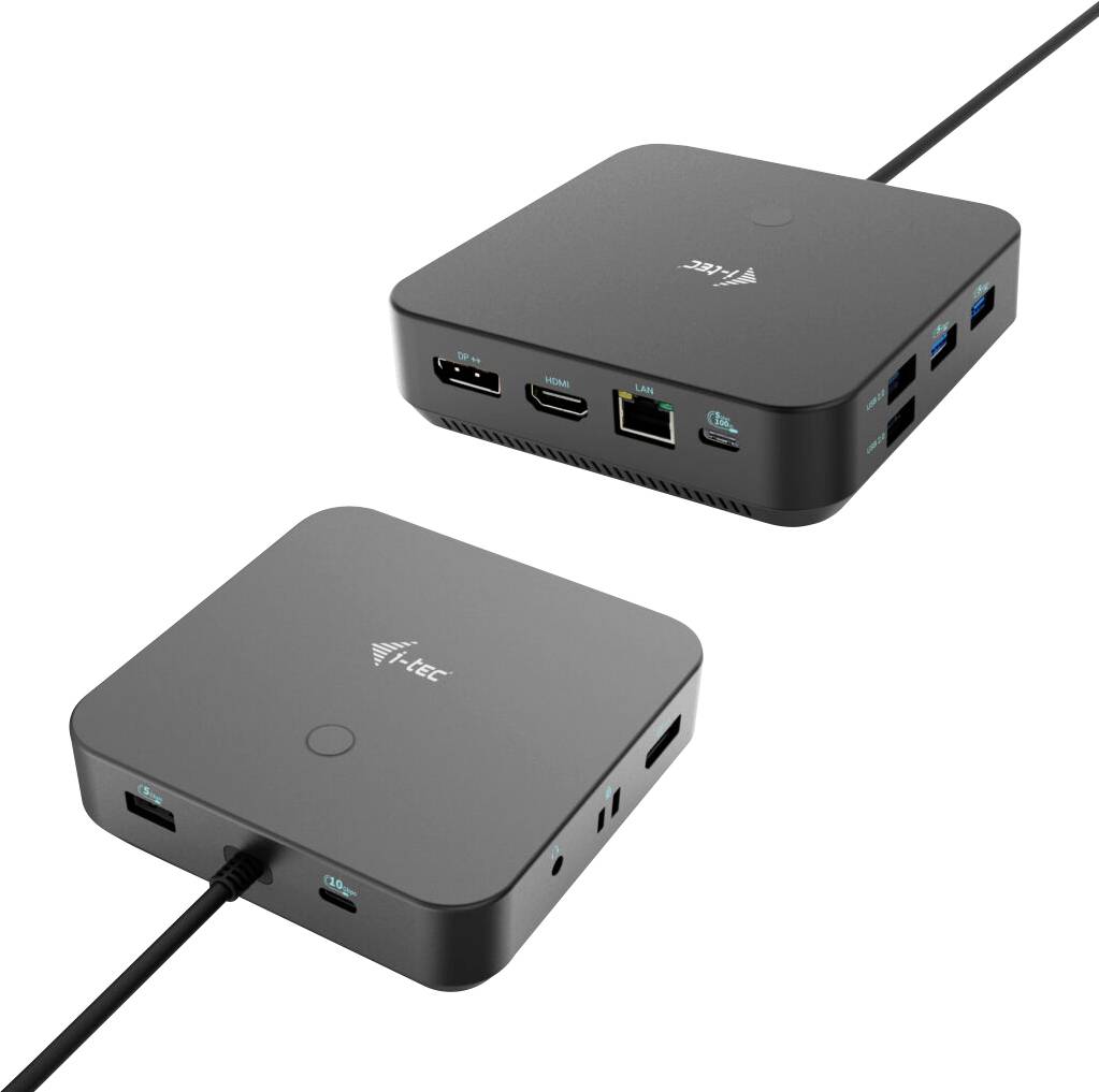 Két fekete, többportos USB dokkolóállomás látható, amelyek HDMI, Ethernet és USB csatlakozókkal rendelkeznek.