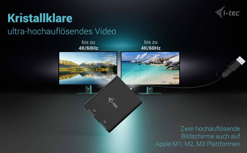 'Két 4K/60Hz-es monitor, adapterrel összekötve. Szöveg: Kristálytiszta, ultra-nagy felbontású videó. Kompatibilis az Apple M1, M2, M3 chipekkel.'