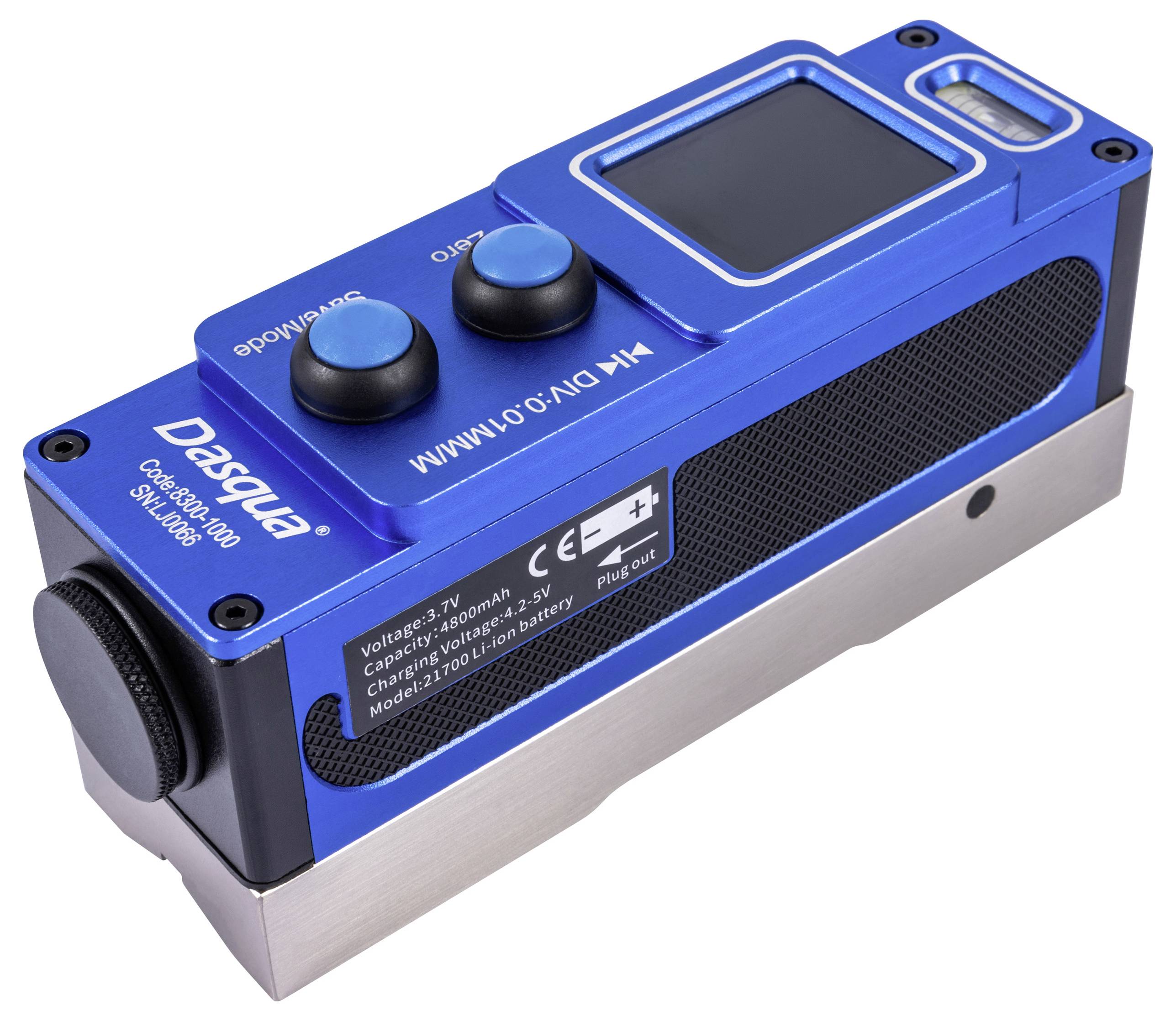 Egy kék elektronikus szintmérő készülék digitális kijelzővel a tetején, vezérlőelemekkel és a "Dasqua" márkanévvel az oldalán.