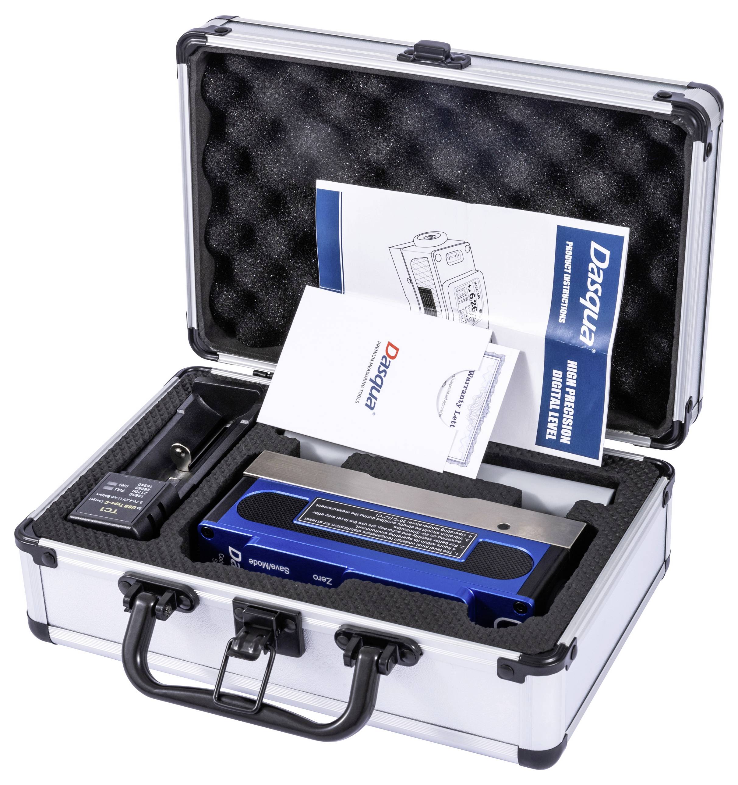 Hordozható digitális szintezőkészlet hordtáskában, amelyben egy kék digitális szintező, használati útmutató és tápegység található.