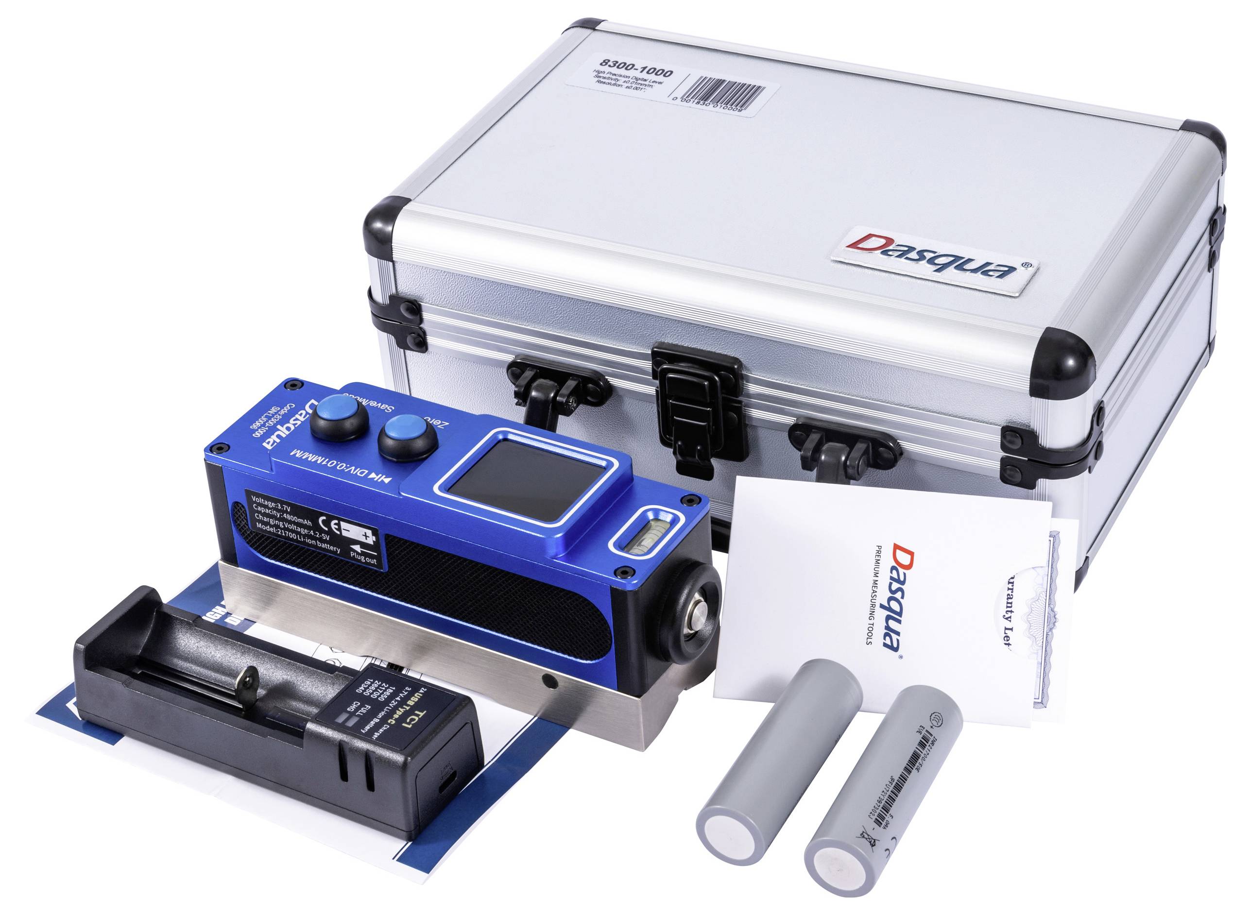 Hordozható felületi érdesség mérőkészlet digitális kijelzővel, töltőállomással, két újratölthető akkumulátorral és hordtáskával.