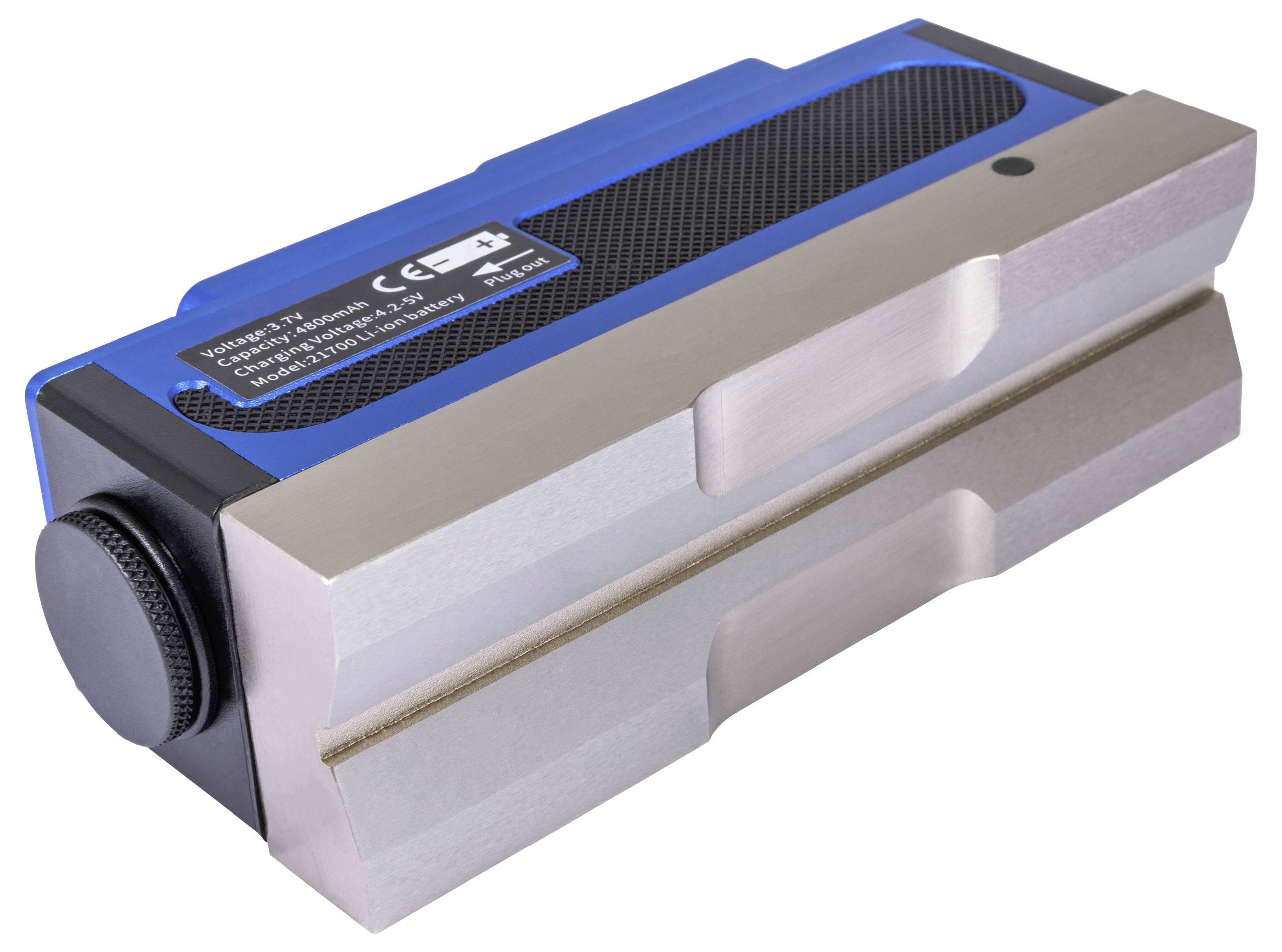 Ipari mágnes, téglalap alakú, kék tartóval, fém felülettel és fekete gombbal az oldalán.