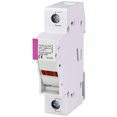 Egy fehér biztosítékautomata rózsaszín részlettel és műszaki felirattal. Alkalmas elektromos alkalmazásokhoz 25A-ig, 1000V-ig.