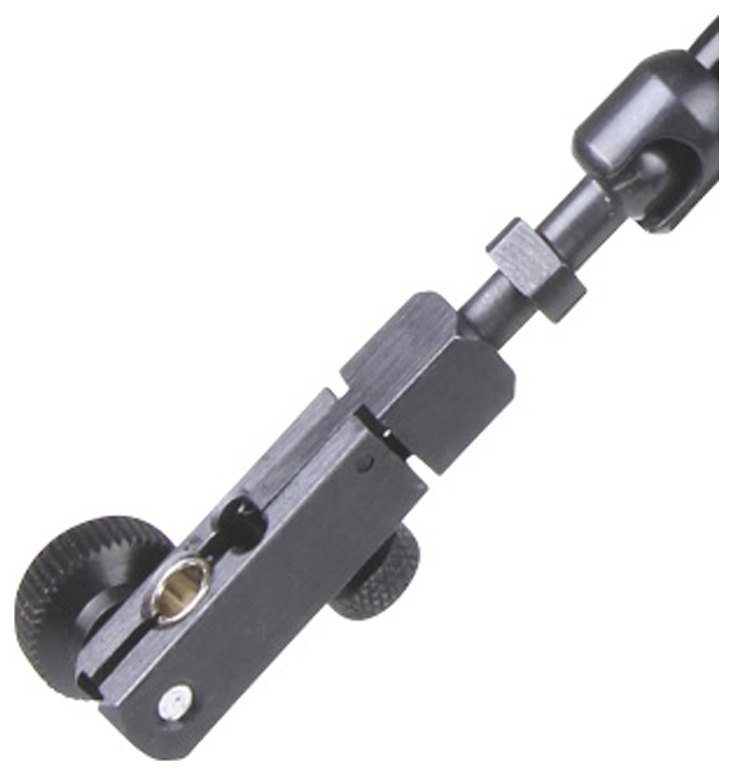 Fémtartó állítható gombbal és csavarral, közelről fotózva. Valószínűleg műszaki vagy fotográfiai rögzítésre használják.