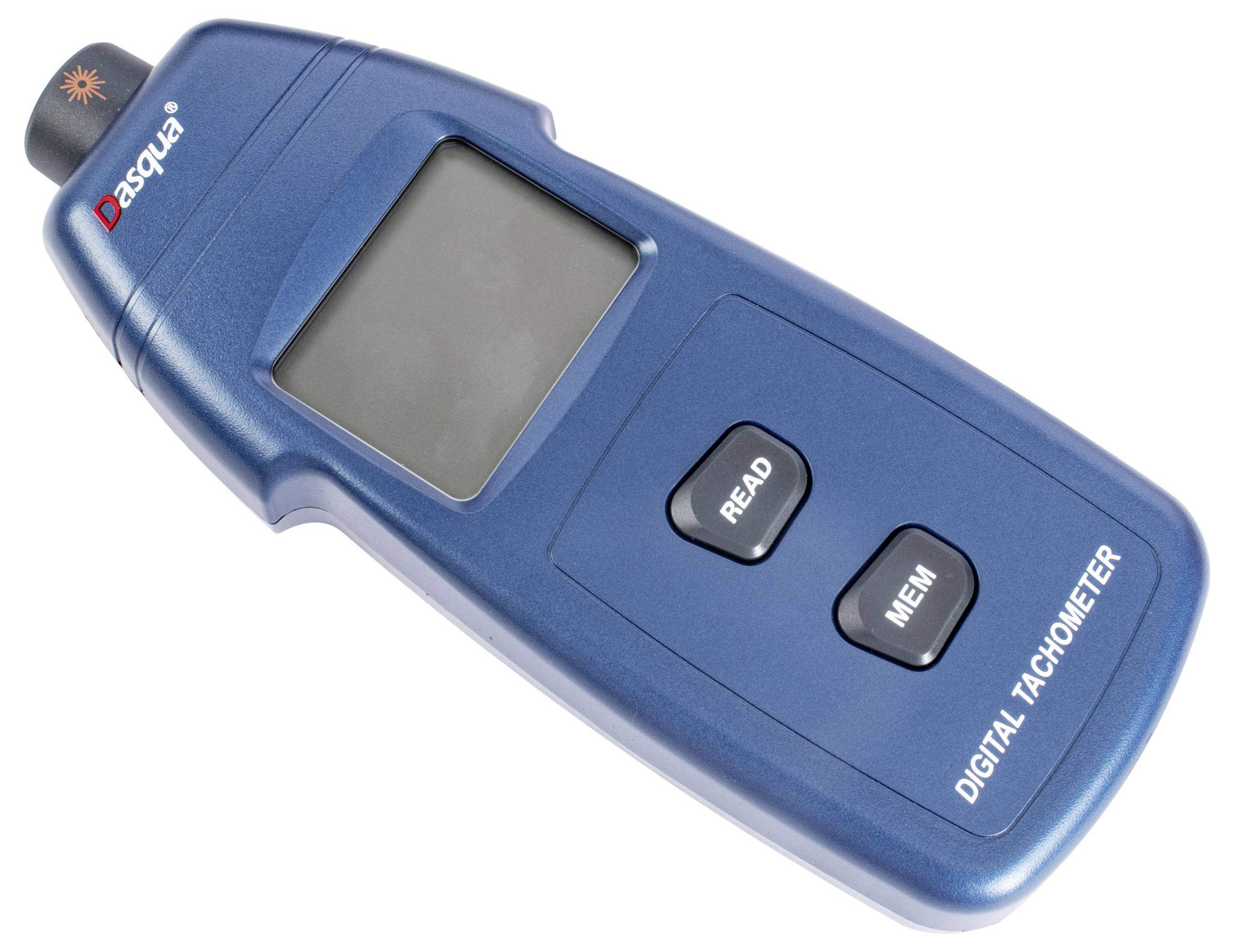 Egy kék digitális fordulatszámmérő készülék, amelynek 'READ' és 'MEM' gombjai, kijelzője és bal felső sarokban egy márkalogó látható.