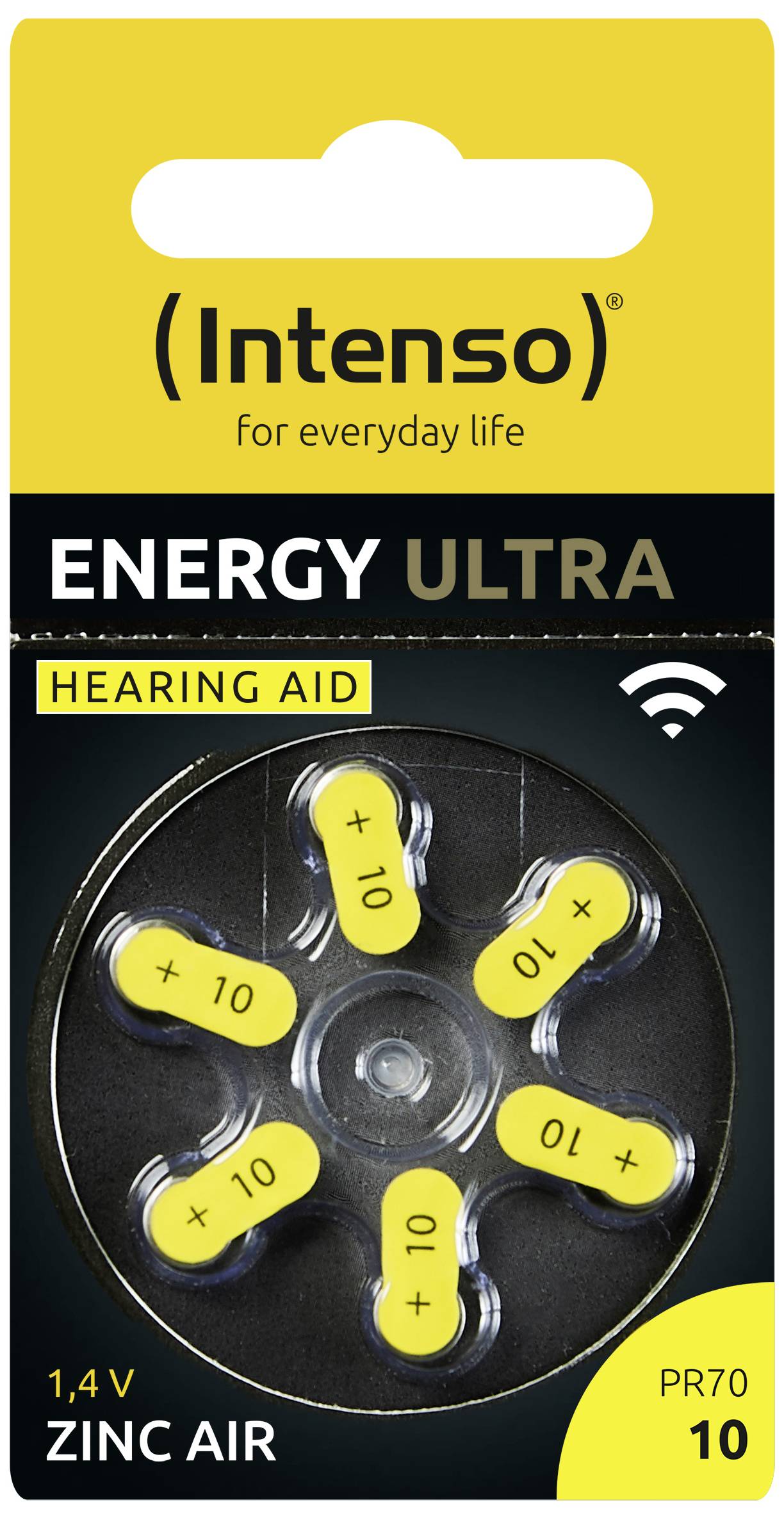 Egy Intenso márkanevű, 'Energy Ultra' modellű, 'PR70 10' típusú, 1,4V cink-levegő sárga hallókészülék elemeket tartalmazó csomag.