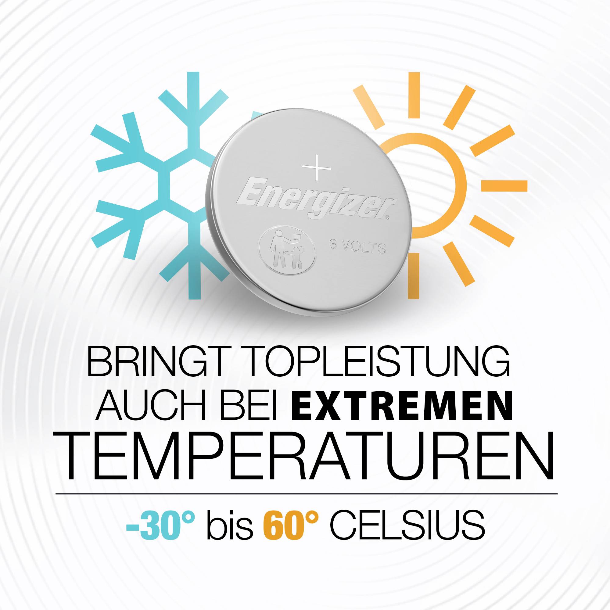 Energizer márkájú elem, 3 volt. Kiváló teljesítmény -30° és 60° Celsius közötti hőmérsékleteken, hideg és meleg szimbólumokkal ábrázolva.