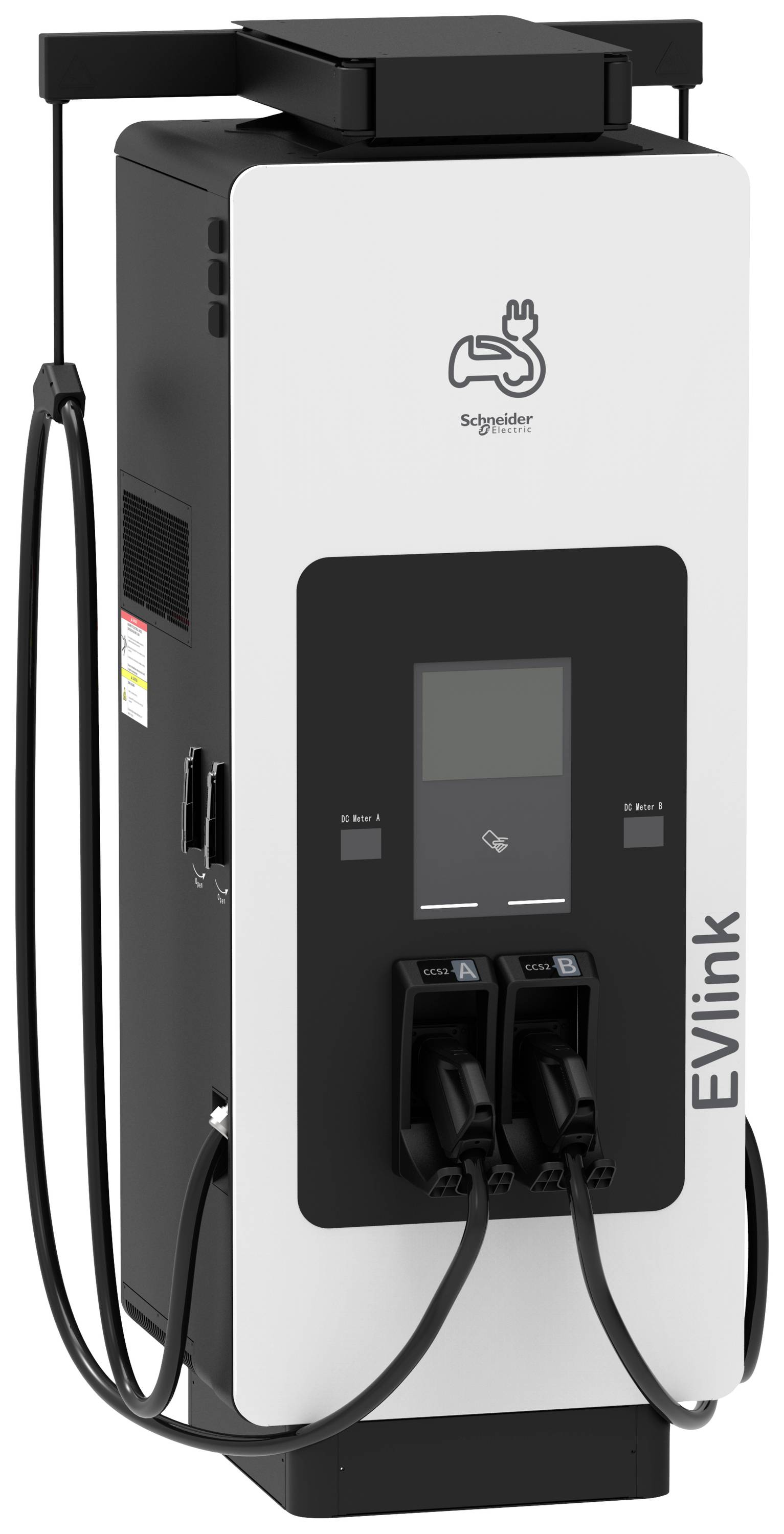 Elektromos autó töltőállomás digitális kijelzővel, két töltőcsatlakozóval és egy energetikai vállalat logójával az előlap tetején.