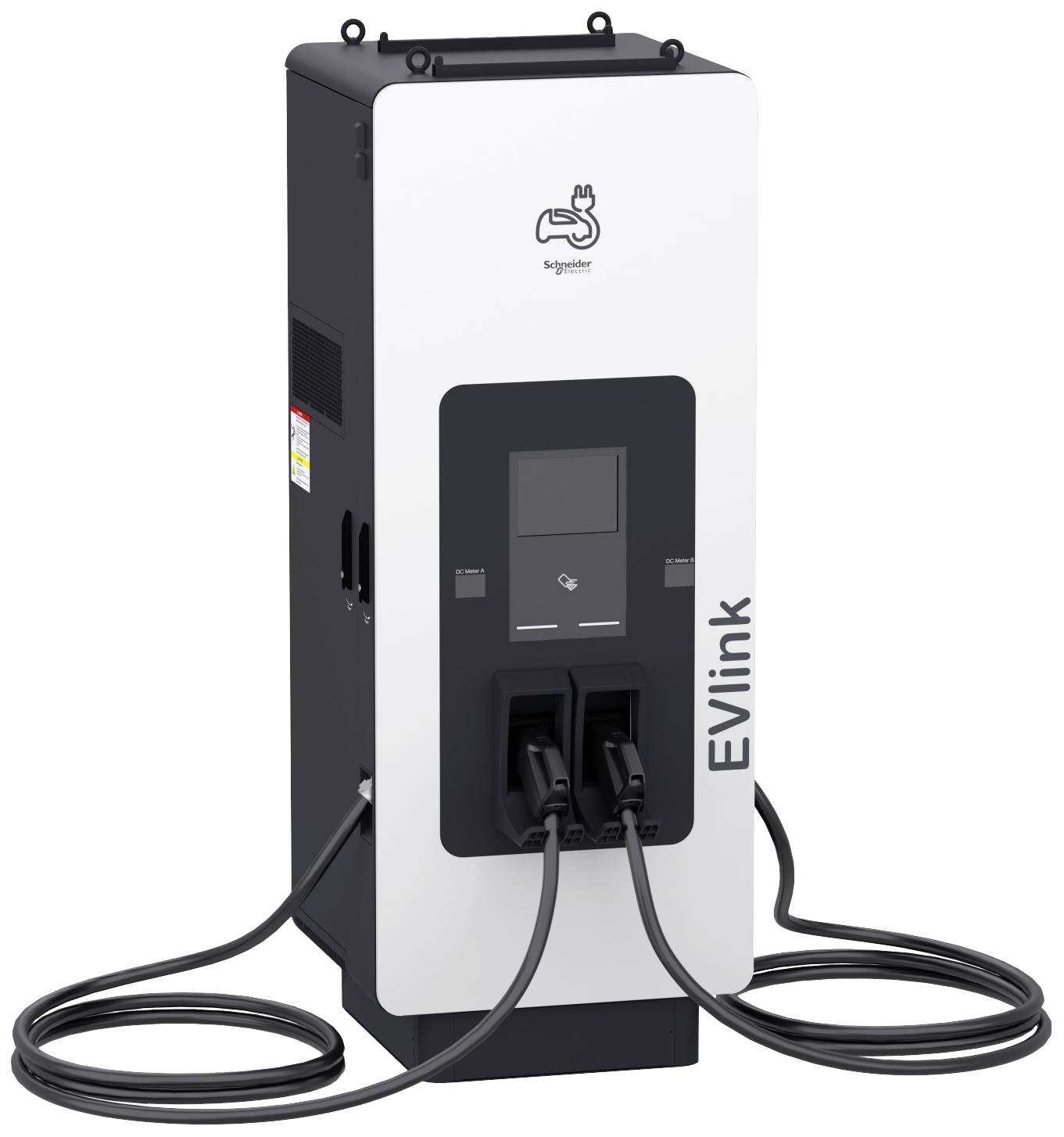 Két csatlakoztatott kábellel rendelkező elektromos töltőállomás. A tetején logó látható. 'EVlink' felirattal ellátva, elektromos járművek töltésére használják.