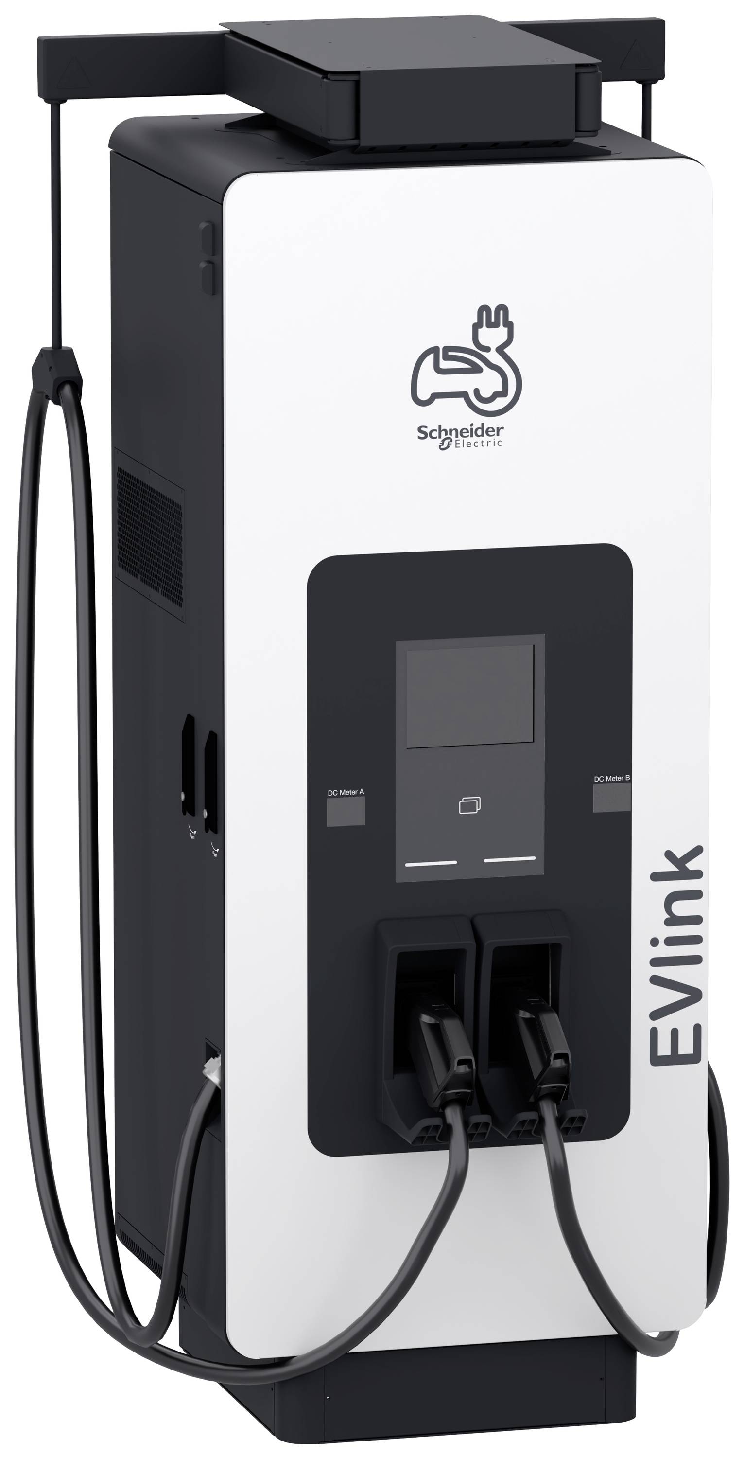 Két csatlakozóhelyes elektromos járművek töltőállomása, fekete-fehér dizájnban, márkalogóval felül.