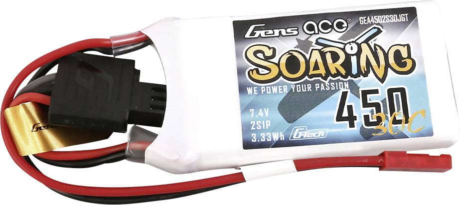 Egy fehér RC-akkumulátor, amelyen a 'Gens Ace Soaring 450 3.33Wh 7.4V 2S1P' felirat olvasható. Piros és fekete csatlakozók láthatók rajta.
