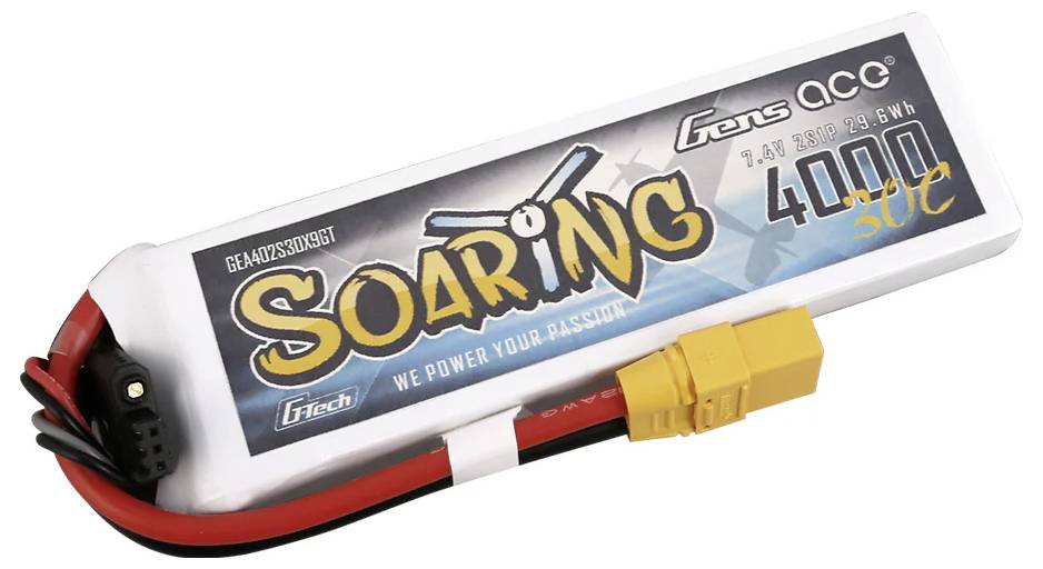 Gens Ace LiPo akkumulátor 4000mAh 30C XT60 csatlakozóval, alkalmas RC modellekhez. Felirat: 'Soaring - Mi tápláljuk a szenvedélyedet'.