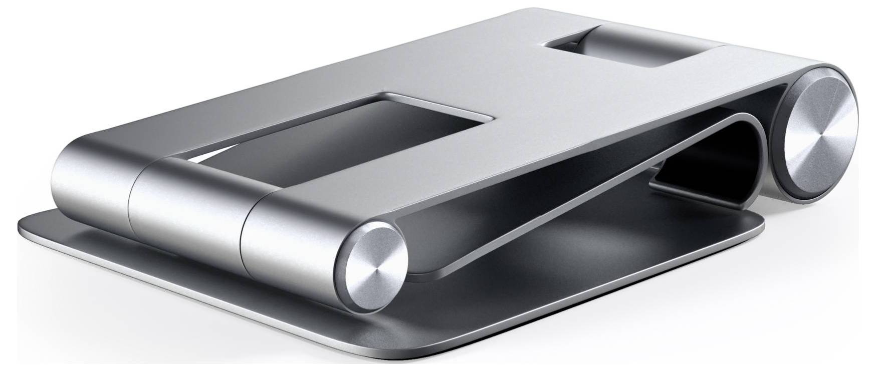 Egy modern dizájnú, ezüstszínű fémből készült laptop-tartó, két kerek csuklóval, amely ergonomikus munkavégzésre alkalmas.