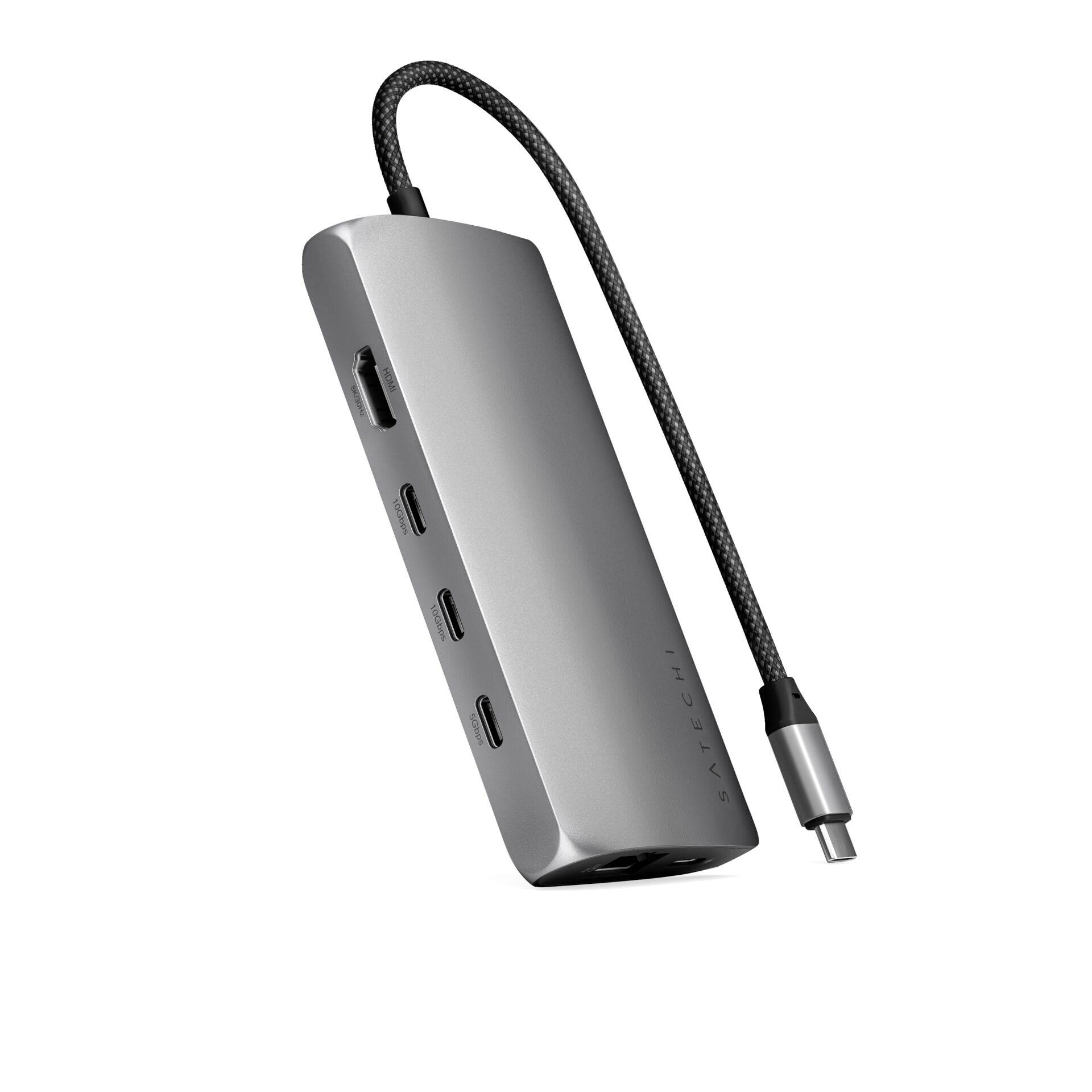 Többportos külső USB-C hub, USB, HDMI és Ethernet csatlakozókkal. Modern, kompakt kialakítás, laptop bővítésére tökéletes.