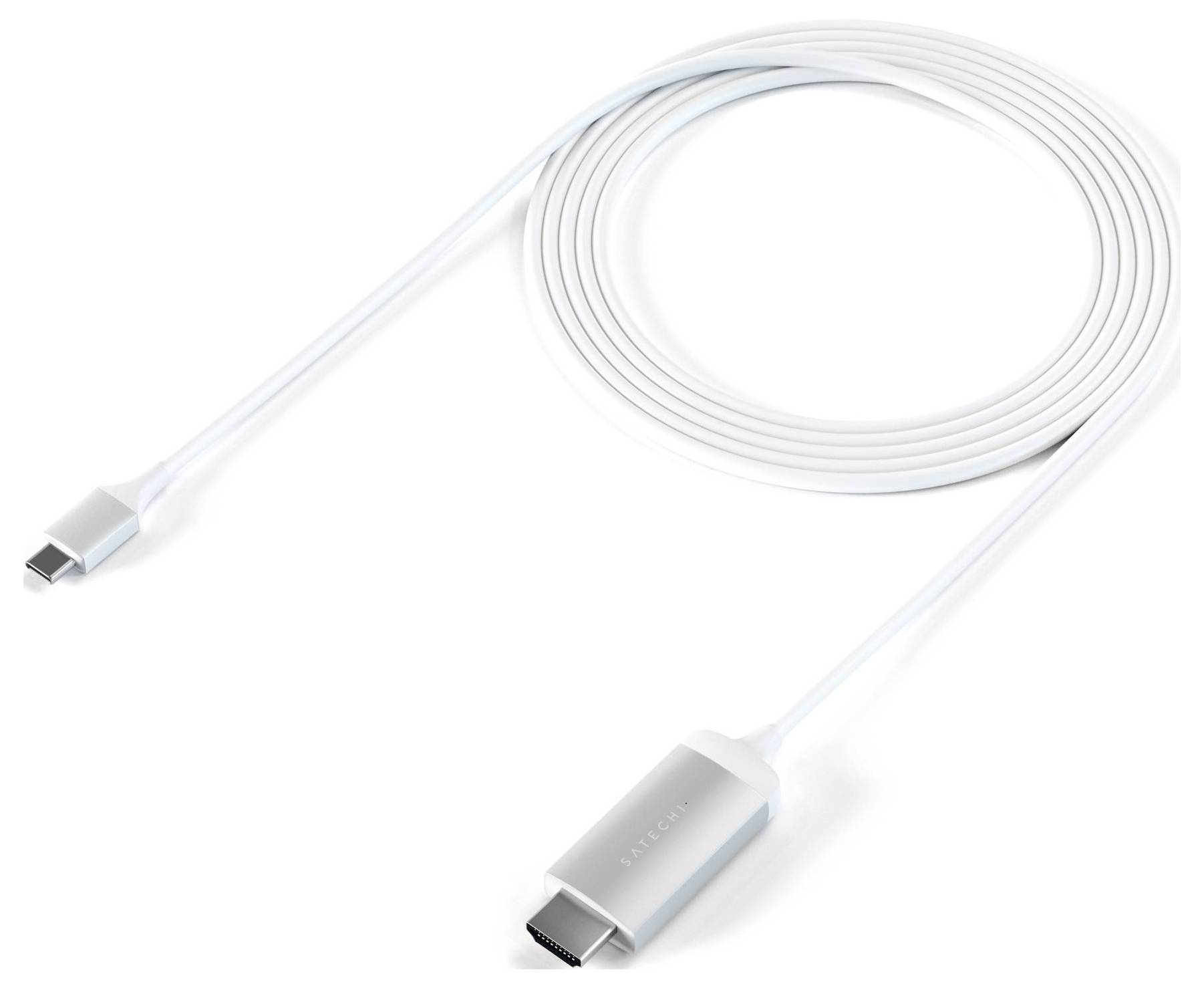 Egy hosszú, fehér HDMI-kábel, amelynek egyik végén USB-C-csatlakozó, a másik végén HDMI-csatlakozó van, fehér háttér előtt.