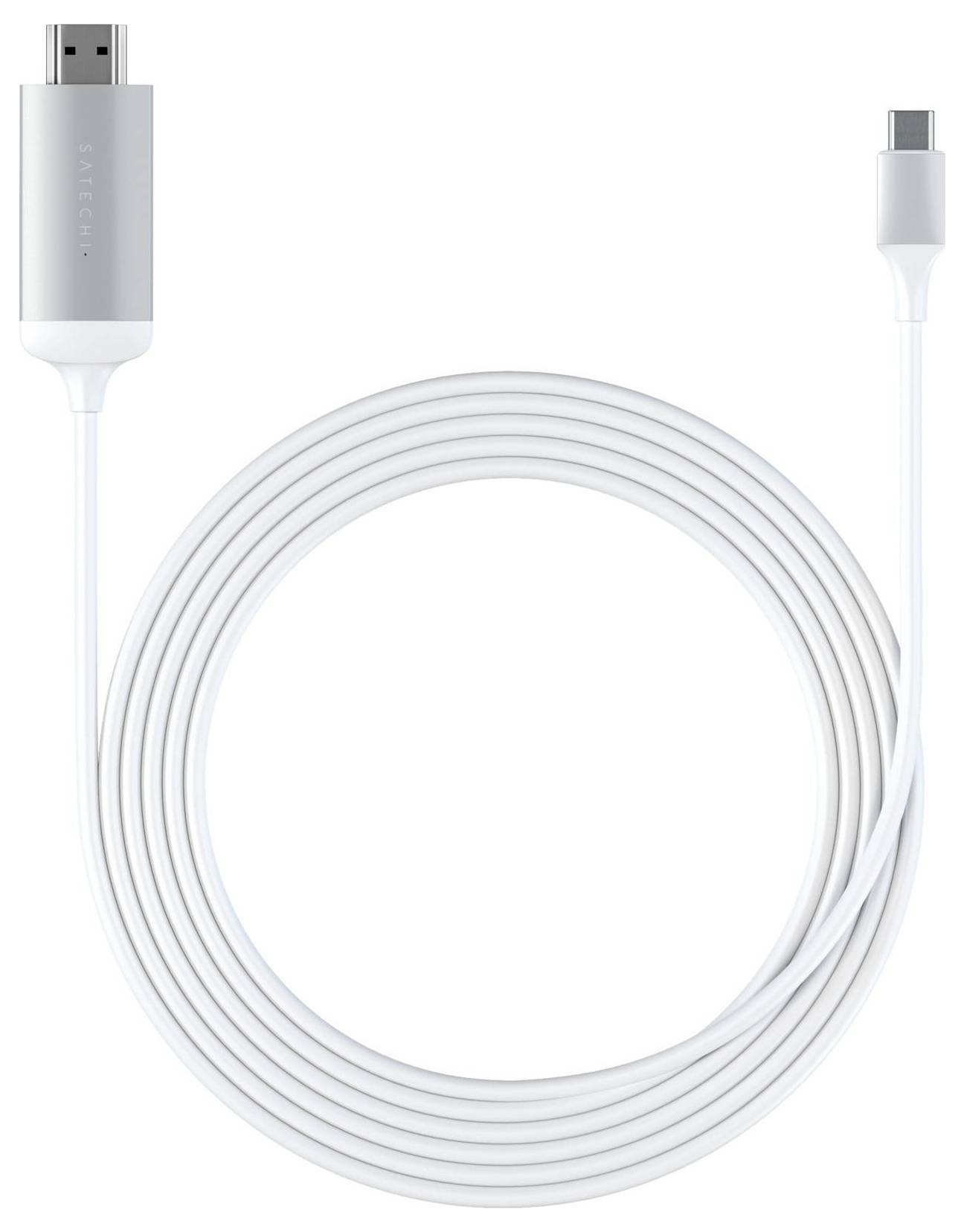 Fehér HDMI-USB-C kábel, alkalmas különböző csatlakozóval rendelkező eszközök adatátvitelének vagy videójának összekapcsolására.