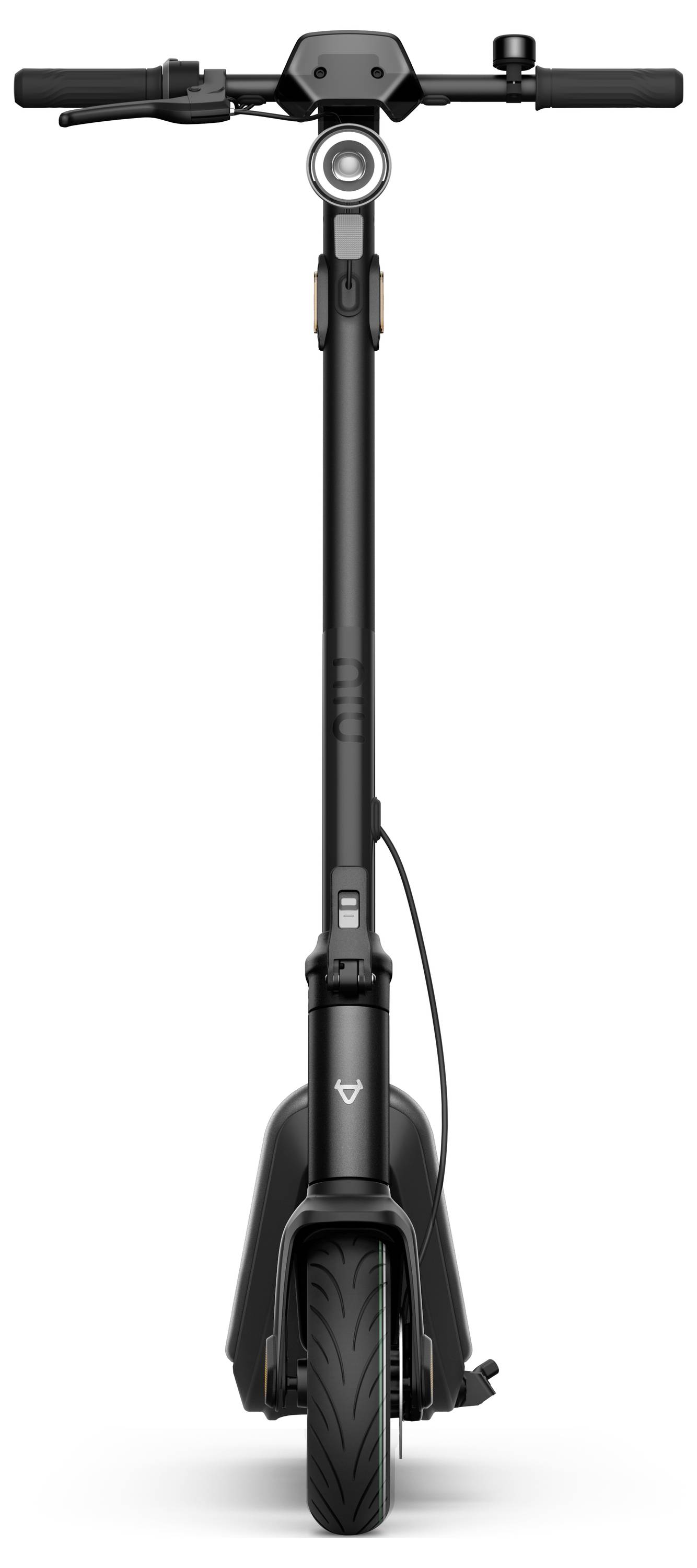 Elektromos roller elölnézetben, fókuszban az első kerék és a kormányrúd. Minimalista design, fekete színben, láthatóan integrált kábellel.
