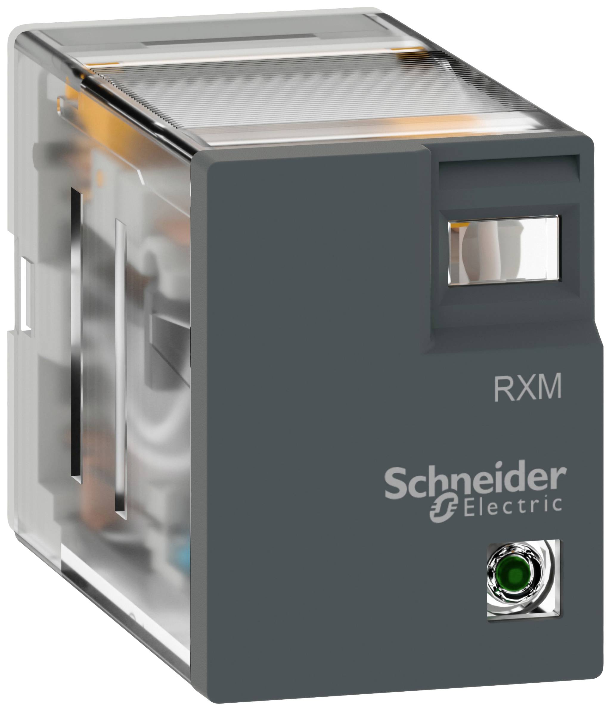 Egy Schneider Electric RXM típusú relé, átlátszó házban, amely lehetővé teszi a belső alkatrészek megtekintését.