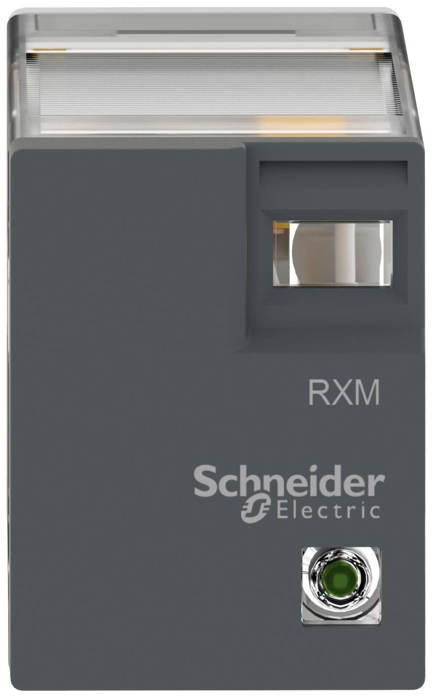 Egy Schneider Electric gyártmányú, RXM típusú elektromos relé, szürke házburkolattal és zöld állapotjelző fénnyel az elülső oldalán.