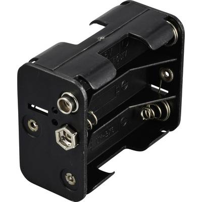 Fekete, két AA-elemhez való elemtartó, látható csatlakozókkal és rugókkal, oldalán egy USB-csatlakozóval.