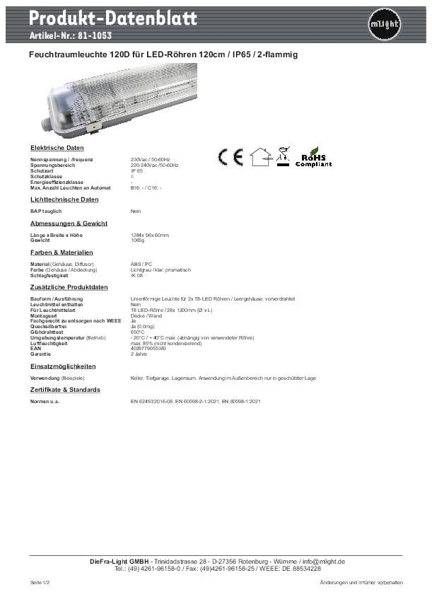 Termékadatlap nedvességálló lámpatesthez 120D, 120 cm-es LED-csövek, IP65, 2 égős. Műszaki adatok, méretek, szerelési útmutató.