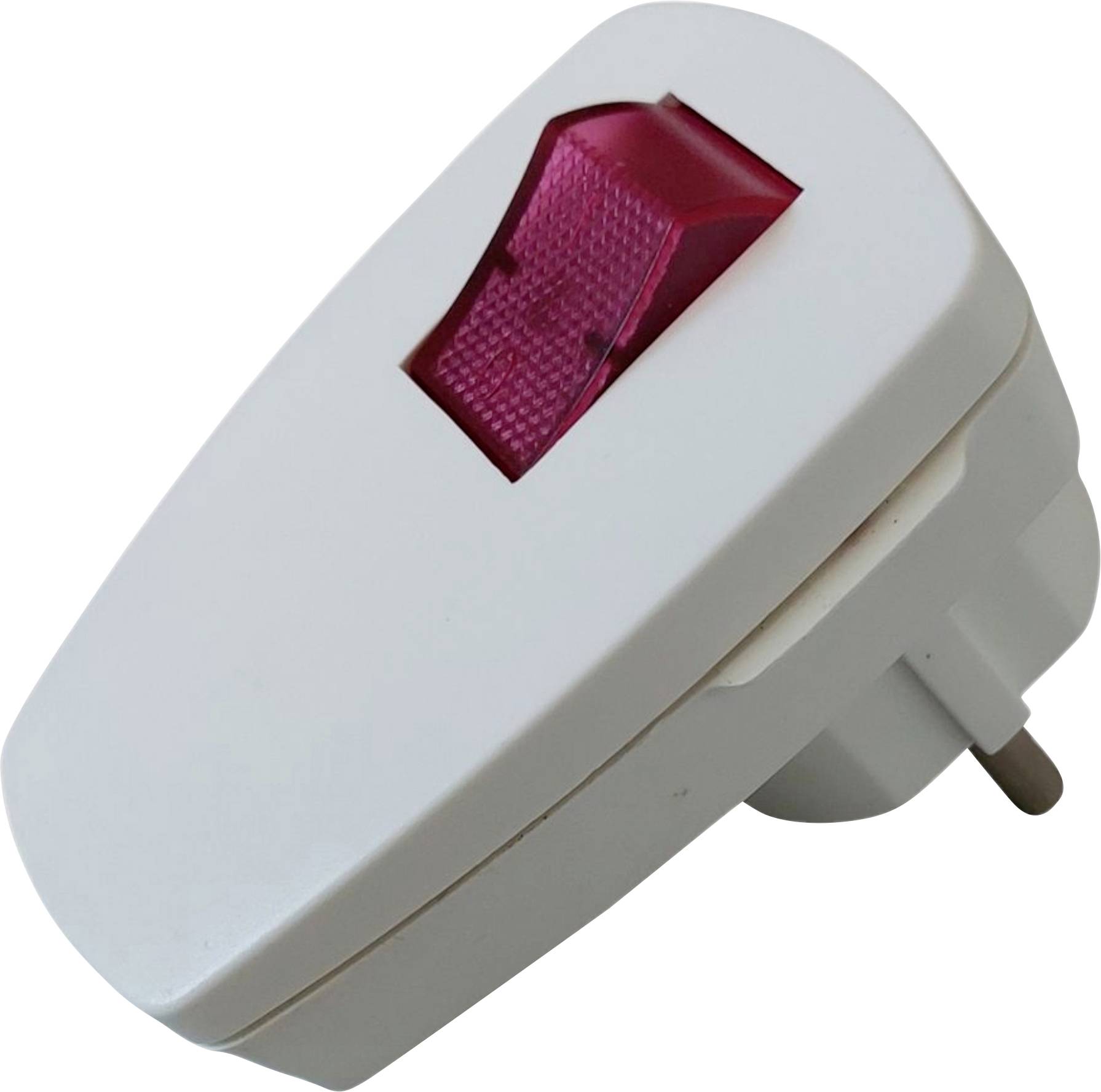 Egy fehér konnektoradapter piros billenőkapcsolóval. A kapcsoló "Be" állásban van. Az adapter schuko dugóval rendelkezik.