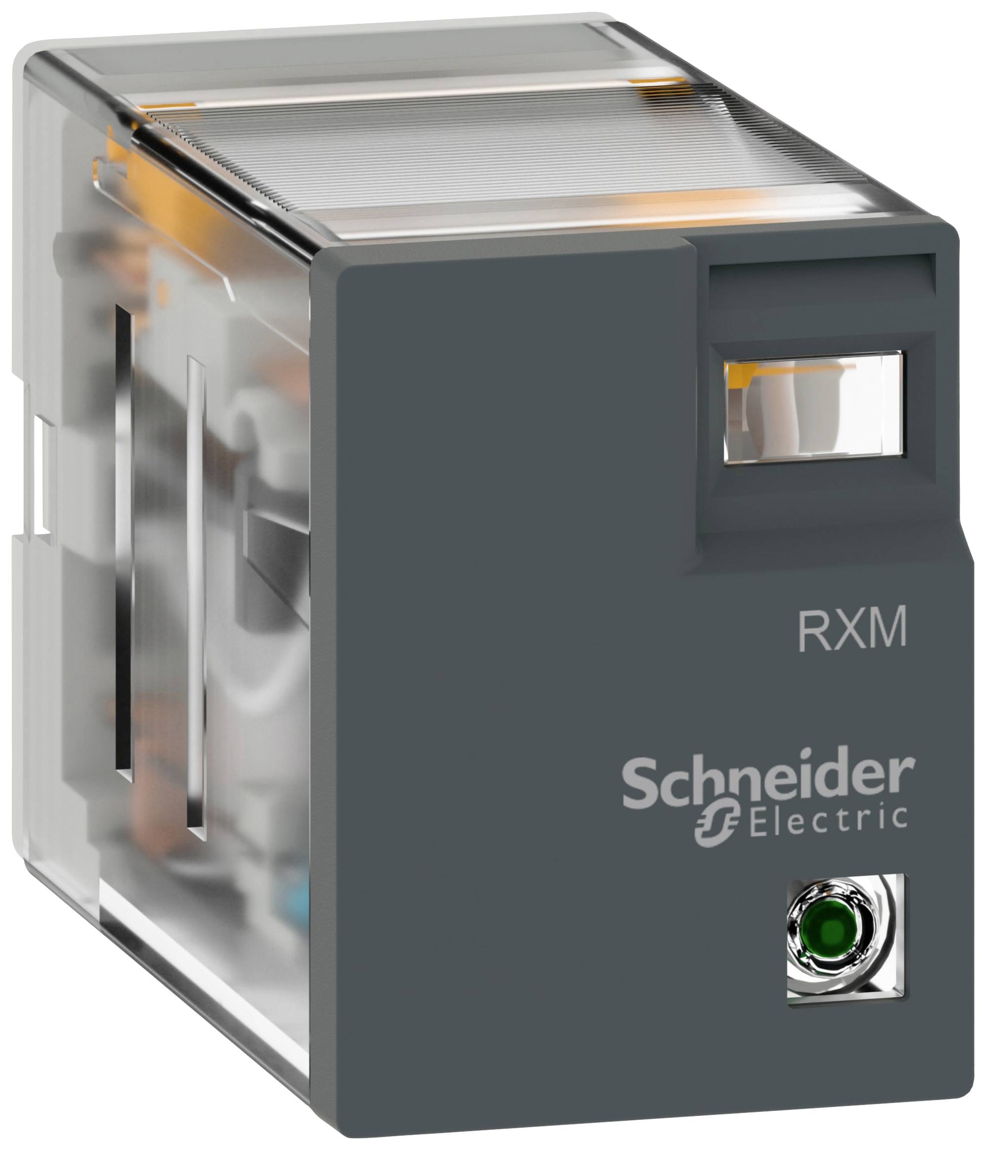 Egy Schneider Electric kompakt relé, RXM modell, átlátszó házban, amely bemutatja a belső kapcsolási mechanizmusokat és LED-kijelzőt.