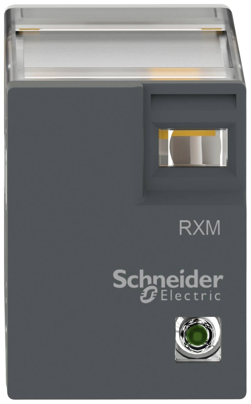 Szürke-fekete relé, amelyen a 'Schneider Electric' és 'RXM' felirat látható, zöld jelzőfénnyel a jobb alsó sarokban.