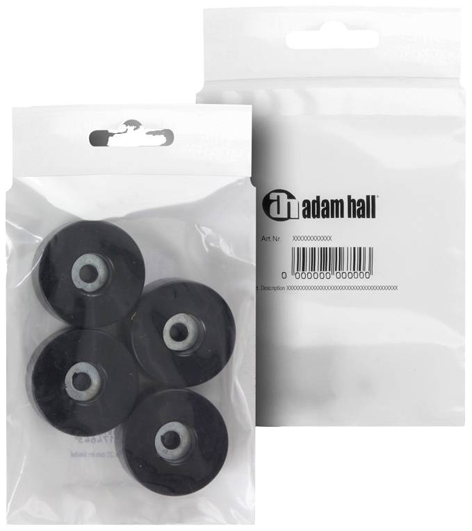 Egy csomag négy fekete, kerek gumilábbal és egy, az 'Adam Hall' logóját és egy vonalkódot tartalmazó címkével.