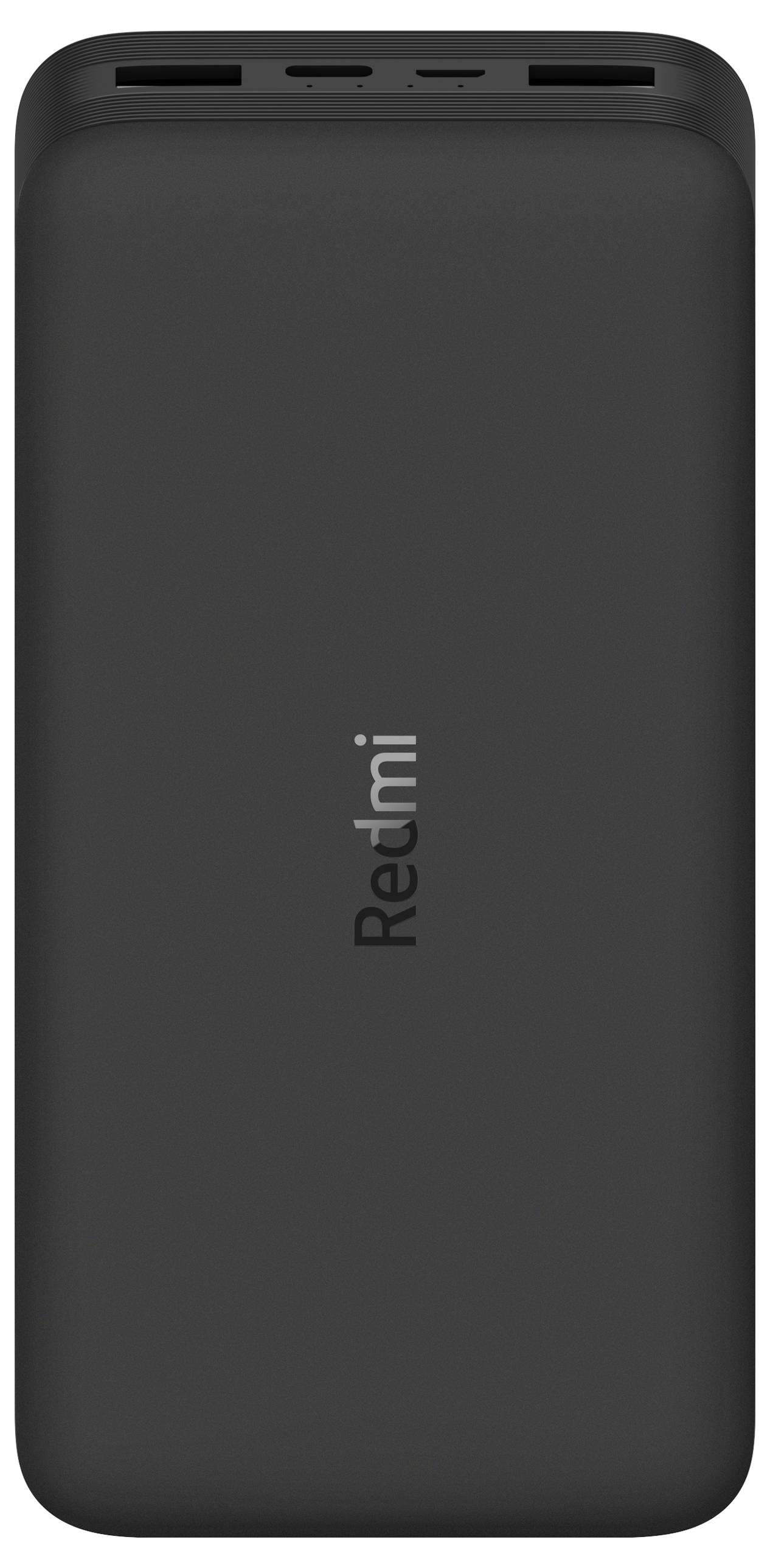 Fekete Powerbank 'Redmi' felirattal középen, két USB-csatlakozóval és egy micro-USB-csatlakozóval a tetején.