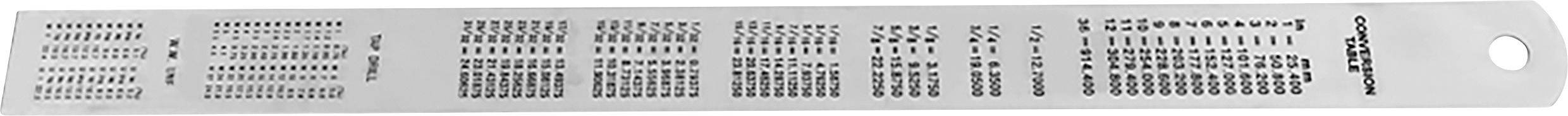 Egy mérőléc különböző skálákkal és jelölésekkel. Különböző fogfelosztásokat és milliméteres méreteket mutat.