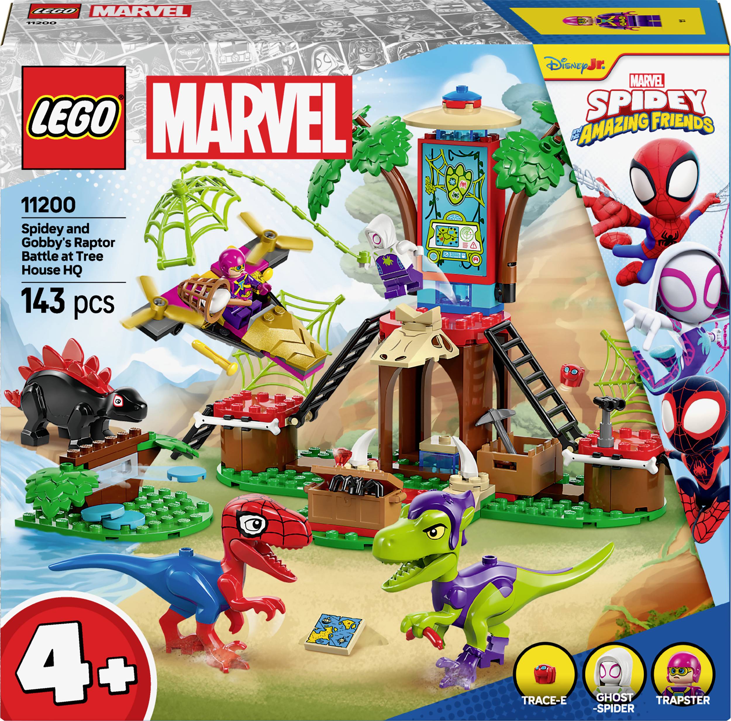 'LEGO Marvel Pókember és Gobby Raptor csatája a Faház Főhadiszálláson, 143 darabos. Tartalmaz dinoszauruszt, figurákat és kiegészítőket, 4 éves kortól ajánlott.'