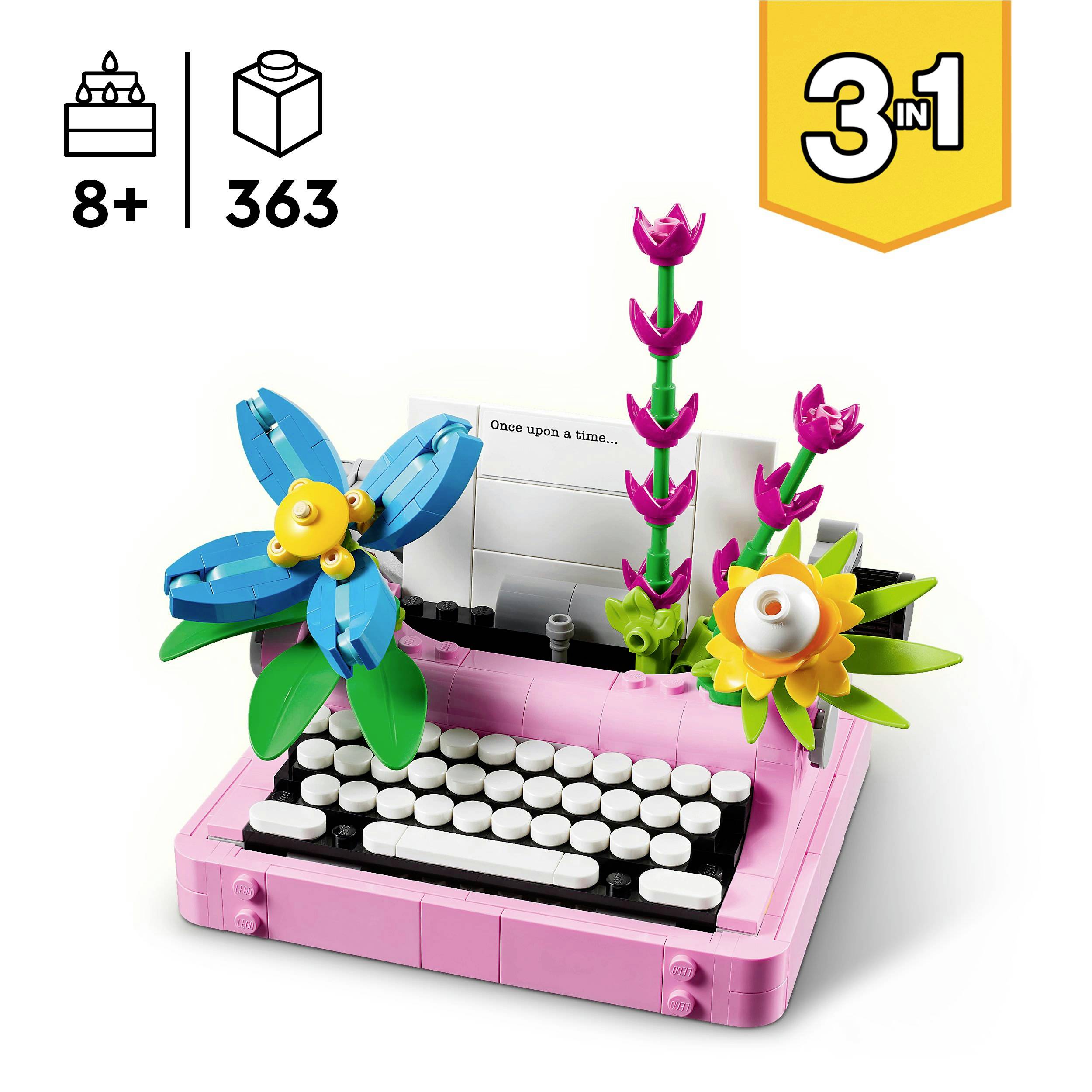Egy 363 darabos LEGO-szett 8 éves kortól; rózsaszín írógép virágokkal, kreativitást és fantáziát megjelenítő eszköz.