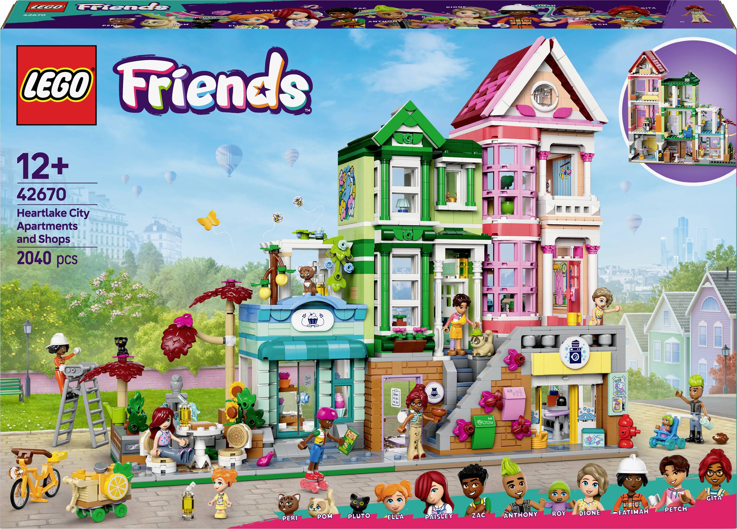 LEGO Friends Heartlake City Lakóépületek és Üzletek szett, játékfigurákkal, lakásokkal, kávézóval és üzletekkel; 2040 darabos készlet; 12 éves kortól ajánlott.