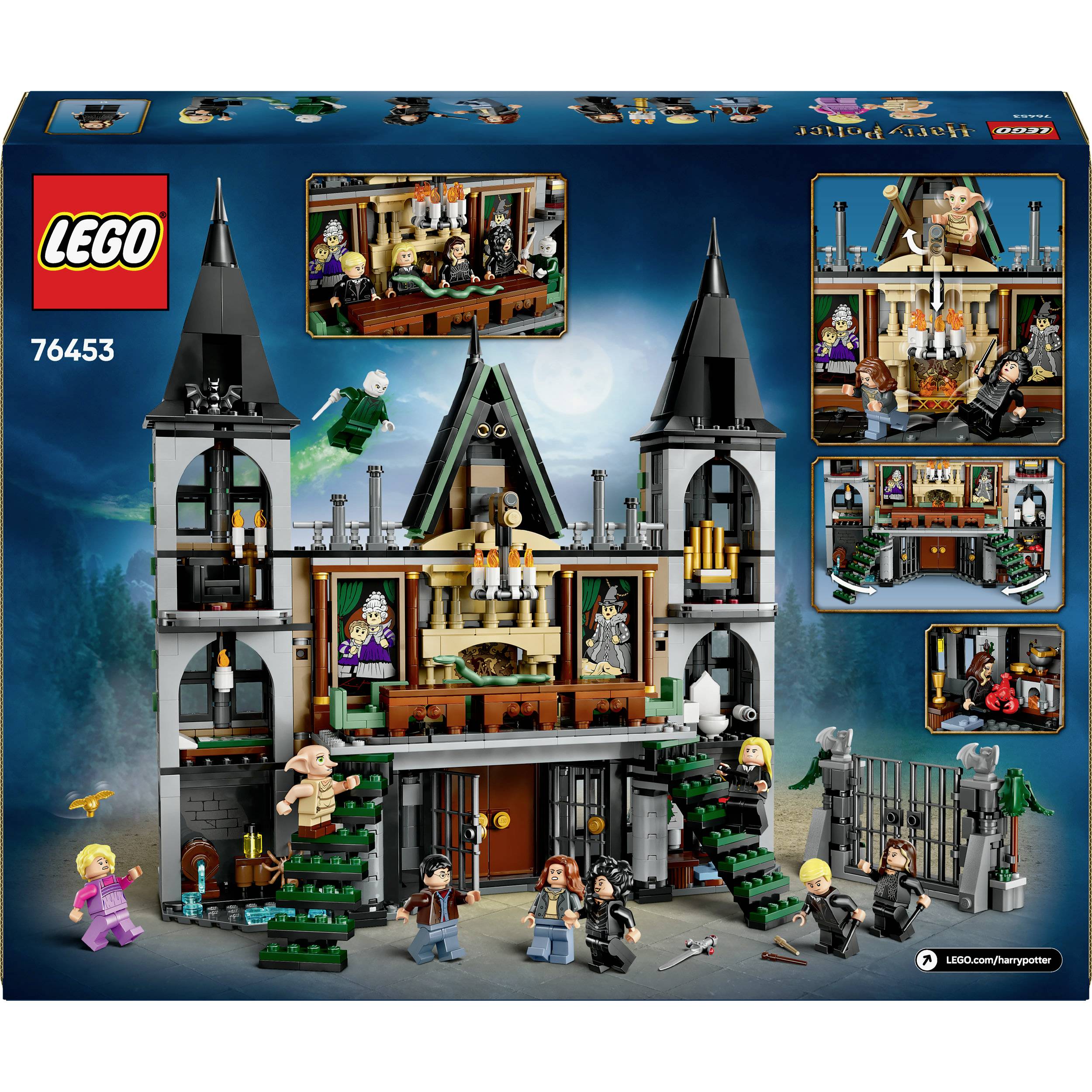 A Roxfort-kastély LEGO-szett: Tartalmaz figurákat, tornyokat és belsős jeleneteket. Figurák Harry Potterrel, Hermionéval, Draco Malfoy-jal és másokkal.