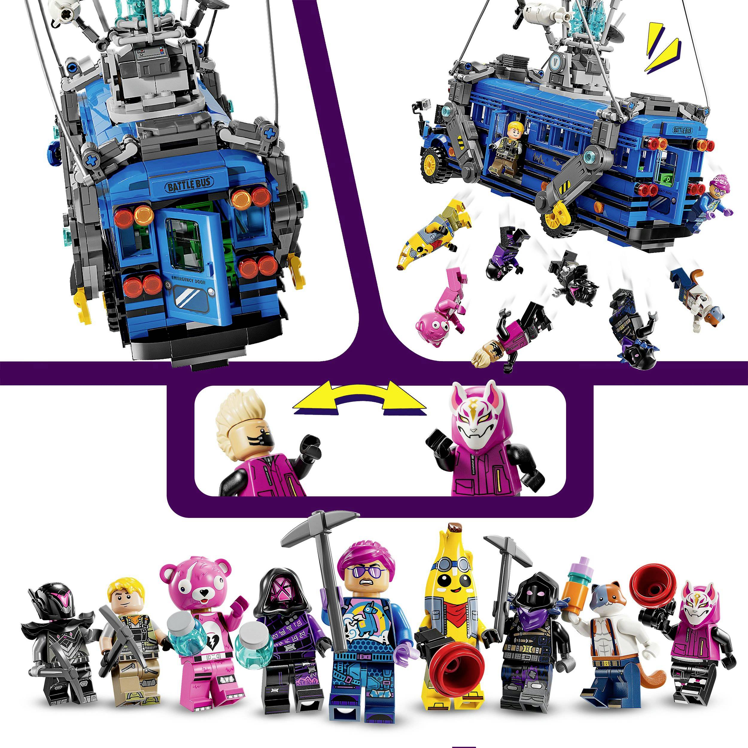 Játékbábu-készlet egy kék buszjárművel és színes figurákkal, amelyeknek cserélhető fejei és jelmezei vannak.