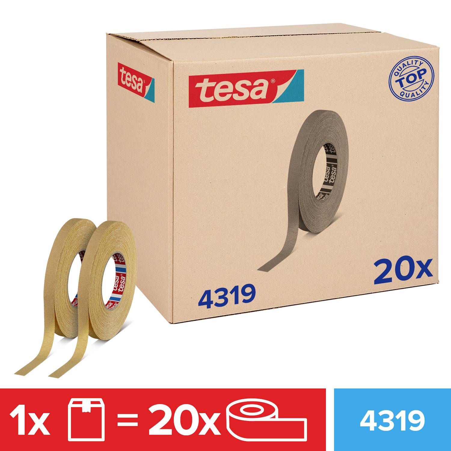 20 tekercs Tesa ragasztószalag doboza, 4319-es modell, mellette két különálló ragasztószalag tekercs.