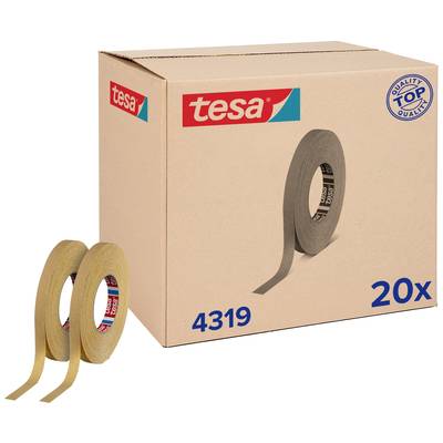 Két tekercs Tesa ragasztószalag egy kartondoboz előtt, amely 20 tekercset tartalmaz.