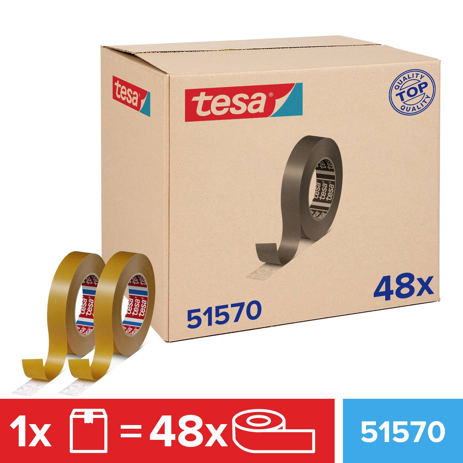 Karton 48 darab tesa márkájú ragasztószalag tekerccsel, az ábrán két tekercs látható, minőségi pecsét látható, termékkód: 51570, 1 kartondoboz 48 tekercset tartalmaz.